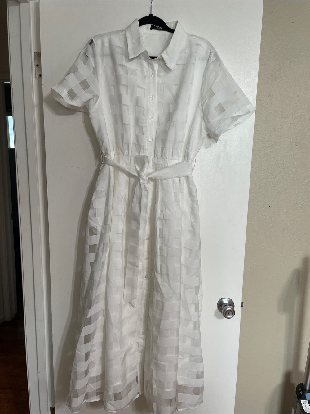 Classic White Sheer Checkered Dress with Belt